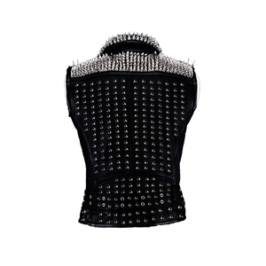 Chaleco de cuero genuino para hombre, estilo punk, con remaches, cremalleras y bolsillos, cuello vuelto, ropa de abrigo de invierno, longitud regular - Product Image 6