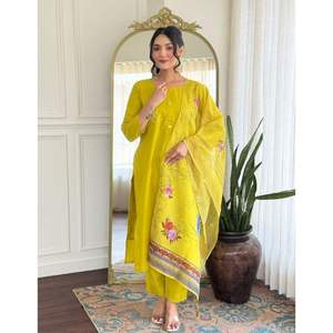 Conjunto de Kurti y Dupatta de Seda Romana para Mujer, Moderno, con Trabajo a Mano, Tela Chanderi Estampada, Vestido Étnico Completo para Ocasiones Especiales - Product Image 1