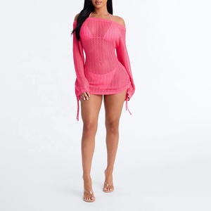 Vestido mini de verano rojo de ganchillo para mujer, vestidos mini vintage de acrílico, suéter sexy de punto rasgado de color liso para mujer - Product Image 3