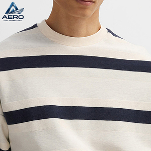 Sweat-shirt rayé pour homme en gros, col rond, épaules tombantes, rayures horizontales blanc cassé et bleu marine, personnalisable, pour tenue décontractée - Product Image 4