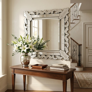 Miroir carré vénitien artisanal avec cadre en verre superposé et bords décoratifs |   Miroir décoratif haut de gamme pour usage intérieur - Product Image 4