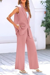 Women's Pink Sleeveless <b>Blazer</b> <b>Set</b> Loose Fit Wide Leg Pants Two Piece Suit Casual Spring Summer Solid Color Crepe Fabric - Product Image 5