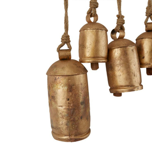Christmas Bells Vintage Antique Gold Harmony Cow Bells Handmade Heart Shaped Hanging Jingle Bells on <b>Wooden</b> <b>Beam</b> With Jute Rope - Product Image 3