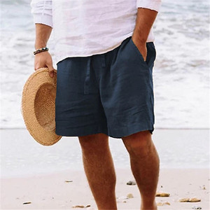 Men's Solid Color Linen Bermuda Shorts Mid Waist Drawstring Casual Beach Wear Breathable With Pockets - Product Image 3