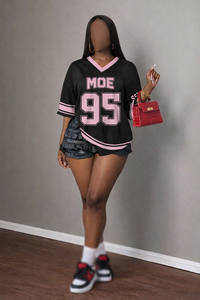 Camiseta de Verano con Estampado de Números, Estilo Urbano, Casual, Holgada, Cuello en V, Camiseta Corta para Mujer, Venta al por Mayor, Jersey de Fútbol Americano - Product Image 2