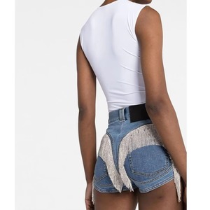Shorts de mezclilla para mujer con volantes adornados, 100% algodón, impermeables, cortavientos, cintura elástica alta, venta al por mayor - Product Image 3