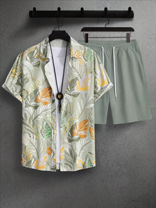 Men's Summer Casual Short Sleeved Shirt Shorts Set 2pcs 100% Cotton Quick Dry Satin Button-Up Holiday Gift Daily Outfit High - Product Image 2