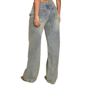 Jean en denim gris délavé coupe droite pour femme, taille mi-haute, décontracté, longueur complète, en coton/élasthanne, séchage rapide, respirant - Product Image 2