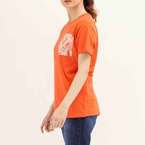 T-shirt à manches courtes pour femme, col rond, orange, avec impression de logo blanc, décontracté, printemps-été, 100% coton, coupe classique - Product Image 2