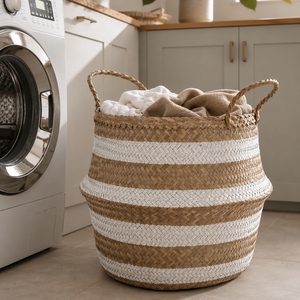 Handmade Seagrass Storage <b>Basket</b> with White Stripes - Multifunctional Home Storage Organizer Home Decor - Product Image 1