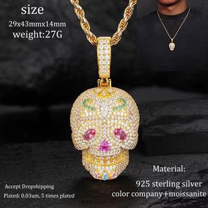 Skull <b>Pendant</b> with Colored Stones Full Moissanite Stones <b>Solid</b> <b>Gold</b> Plated Micro Pave Round Brilliant Cut Charm - Product Image 2