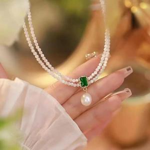 Akoya Butterfly Shell Freshwater Pearl Double Layer <b>Necklace</b> High Grade Emerald Zircon Clavicle <b>Chain</b> <b>Fashion</b> Pendant <b>Necklaces</b> - Product Image 4