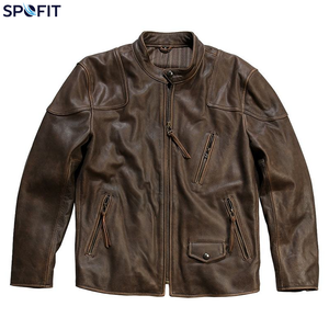 Custom Men's Vintage Leather <b>Jacket</b> Stand Collar Full Zip Casual Motorcycle <b>Jacket</b> with Multiple Pockets - Product Image 2