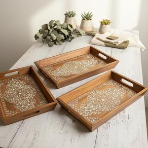 Wooden Serving Trays White Mandala Print Nesting <b>Kitchen</b> <b>Decor</b> - Product Image 3