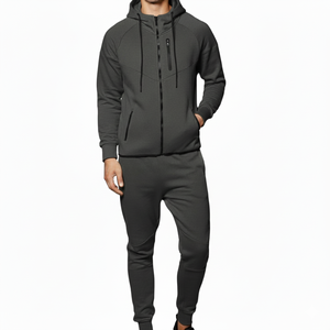 Ensemble de survêtement athlétique haut de gamme coupe ajustée avec sweat à capuche zippé et pantalon fuselé, pour l'entraînement, en tissu épais, pour la vente en gros - Product Image 1