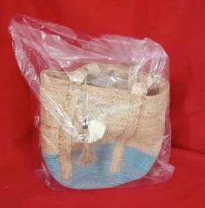 Bohemian Straw Cotton jute Tote Bag With Blue Bottom Two Handles Open <b>Top</b> For Beach Casual Use <b>Women's</b> Durable Handbag - Product Image 2