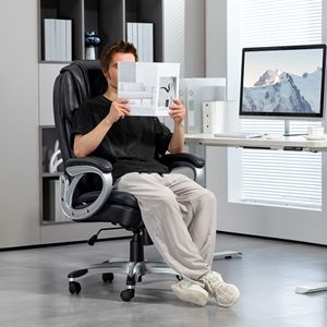 Sedia da Ufficio Direzionale in Pelle con Schienale Alto, Certificata BIFMA, Ruote Girevoli in Nylon, Cuscino, Altezza Regolabile per il Massimo Comfort, Nera - Product Image 2