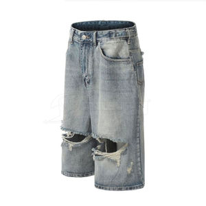 Nouveaux shorts en jean longs pour hommes, effet délavé, design respirant et déchiré, tissu confortable - Product Image 3