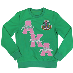 เสื้อสเวตเชิ้ตสีเขียว AKA ปักลายเชนิลสีชมพู ลายกรีก สำหรับสตรี ทรงคอกลม สวมใส่สบาย ดีไซน์ทันสมัย พรีเมียม - Product Image 1