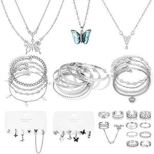 Set di Gioielli Vintage Boho Placcati Argento 53 Pezzi (8 Confezioni) Inclusi 6 Collane, 11 Bracciali Cavigliera, 30 Anelli da Pollice, 6 Paia di Orecchini - Product Image 1