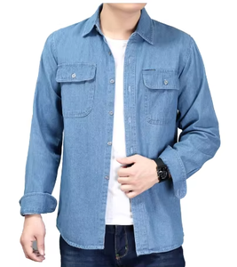 Camisa de Mezclilla para Hombre, Delgada, Lisa, de Manga Larga, 100% Algodón, Estilo Vaquero, Cuello Alto, Transpirable, para Invierno, Servicio OEM/ODM - Product Image 3