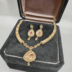 Wholesale 14K 18K 24K Gold Plated AD & <b>Ruby</b> Stone <b>Necklaces</b>, Traditional Design AD Stone Gold <b>Necklaces</b>, Fashion AD Jewelry Set. - Product Image 4