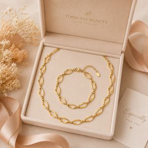 Ensemble de bijoux en acier inoxydable, collier et bracelet à maillons ovales creux, plaqué or, bijoux géométriques classiques unisexes, bijoux de mode - Product Image 3