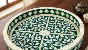 Handmade Green Bone Inlay Tray Round Decorative Serving Tray Coffee <b>Table</b> Organizer Gift - Product Image 3