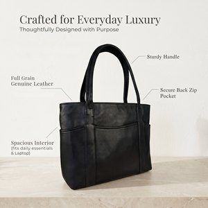 Women Genuine Leather Solid Tote Bag <b>Large</b> Shoulder Handbag with Multiple Pockets Cotton Lining Zipper Laptop Travel <b>Purse</b> - Product Image 5