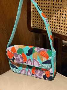 Fresh Radish Vegetable Motif Glass Seed Bead Canvas <b>Bag</b> Light Blue Cream Striped <b>Womens</b> Flapover Crossbody Shoulder <b>Satchel</b> - Product Image 4