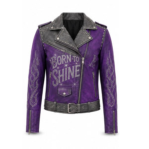 Purple PU Leather <b>Jacket</b> with <b>Rhinestone</b> Print Full Sleeve Biker Style All Seasons Motorcycle Wear Waterproof Windproof Unisex - Product Image 2