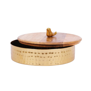 Premium Wooden Roti Box With <b>Tong</b> for <b>Serving</b> Wooden Casserole 22cm Round brass brid design Chapati Box With wood Lid - Product Image 2