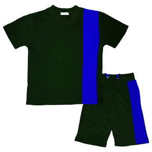 Conjunto Deportivo de Cuello Redondo OEM al por Mayor, Traje Deportivo de 2 Piezas con Paneles en Contraste Azul Marino y Rojo - Traje Atlético de Verano - Product Image 4