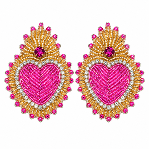 Boucles d'oreilles pendantes brodées à la main en forme de cœur avec perles roses et rouges, motif rayé noir et blanc, boucles d'oreilles colorées et originales - Product Image 6