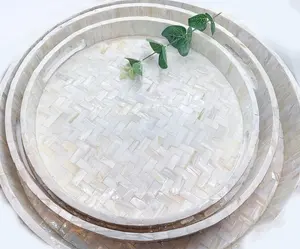 珍珠母镶嵌手工编织北欧创意野餐蛋糕甜点零食坚果咖啡圆形托盘柳条托盘储物