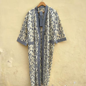 Bata Kimono de Algodón 100% Tejido con Estampado de Dibujos Animados para Mujer, Camisón de Verano Hecho a Mano, Cuello en V, Cintura Elástica, Largo Completo, Suave - Product Image 1