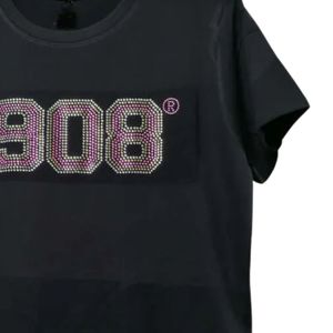 Women Black Rhinestone Graphic T Shirt Short Sleeve Cotton Casual <b>Top</b> Bling Letter Design Fashion Daily Wear Stylish Apparel - Product Image 3