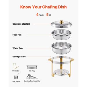 Set da 4 Chafing Dish in Acciaio Inossidabile da 5 Qt, con 4 Vasche Grandi, per Buffet e Catering, Scaldavivande con Coperchio e Sistema di Riscaldamento ad Acqua - Product Image 6