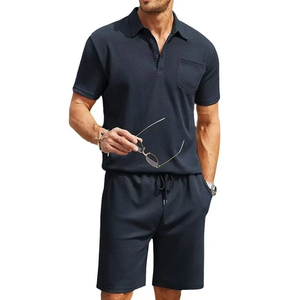 Men's <b>White</b> Cotton Waffle <b>Polo</b> Shirt and Shorts Set Casual Summer Outfit Breathable Knitted Solid Color - Product Image 2