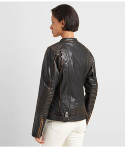 Chaqueta Bomber de Cuero Genuino para Mujer, Cuello Alto, Manga Larga, Cierre de Cremallera, Color Sólido, Impermeable, Ligera, Informal, Otoño - Product Image 3