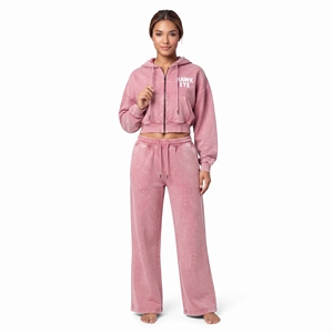 Conjunto de Top Corto con Cremallera Completa y Hombros Caídos de Algodón Lavado al Ácido y Felpa, y Pantalones Jogger de Pierna Ancha para Mujer, con Logotipo Personalizado - Product Image 3