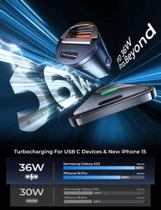 Cargador de coche de carga rápida de alta velocidad PD QC3.0 puerto dual Metal USB C enchufe de encendedor de cigarrillos para <span class=keywords><strong>iPhone</strong></span> Samsung - Product Image 2