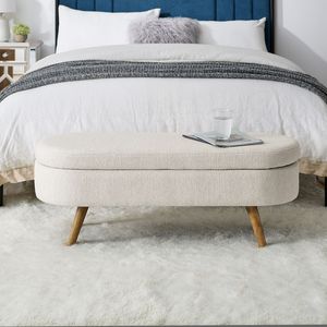 Banc de rangement ovale beige avec pieds en bois d'hévéa (43,5"x16"x16") - Product Image 3