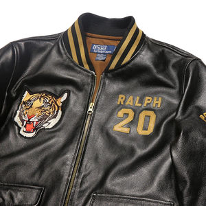 Chaqueta de cuero genuino de primera calidad para hombre, con cuello alto, bordado de tigre estilo béisbol, abrigo de cuero vacuno de primera capa, moderno y casual. - Product Image 5