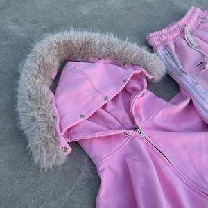 Pink <b>Winter</b> Solid Hooded Cotton <b>Jacket</b> and Pants Set Distressed Streetwear Two Piece Outfit with Embroidered Details - Product Image 2