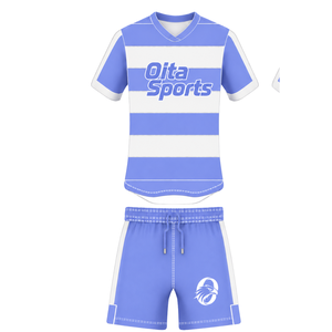 Conjunto de Uniforme de Rugby de Manga Corta Azul Periwinkle y Blanco, Jersey de Rugby a Rayas con Cuello Redondo, Pantalones Cortos con Cordón, Rendimiento Atlético - Product Image 1