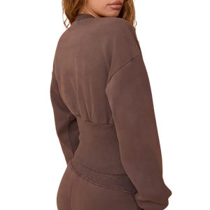 Women's 2 Piece Solid <strong>Brown</strong> Cropped Button Up Sweatshirt And Wide Leg High Waist Sweatpants Set Casual Lounge Athleisure <strong>Outfit</strong> - Product Image 4