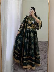 Heavy Embroidery <b>Chiffon</b> Maxi Frock Afghani <b>Dress</b> With Gold Trim Long Sleeve A-Line Boho Style Kuchi Party Gown Wedding <b>Dresses</b> - Product Image 2