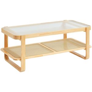 Modern Boho 45-Inch <b>Rectangle</b> Rattan Woven Wood <b>Coffee</b> <b>Table</b> with Tempered Glass Top and Storage Urban Chic Style - Product Image 1