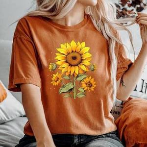Airy Comfortable Shirt Soft Knit <b>Top</b> Slim Fit Retro <b>Sunflower</b> Tee Crafted From Soft Cotton With Airy Knitted Fabric Comfort - Product Image 1